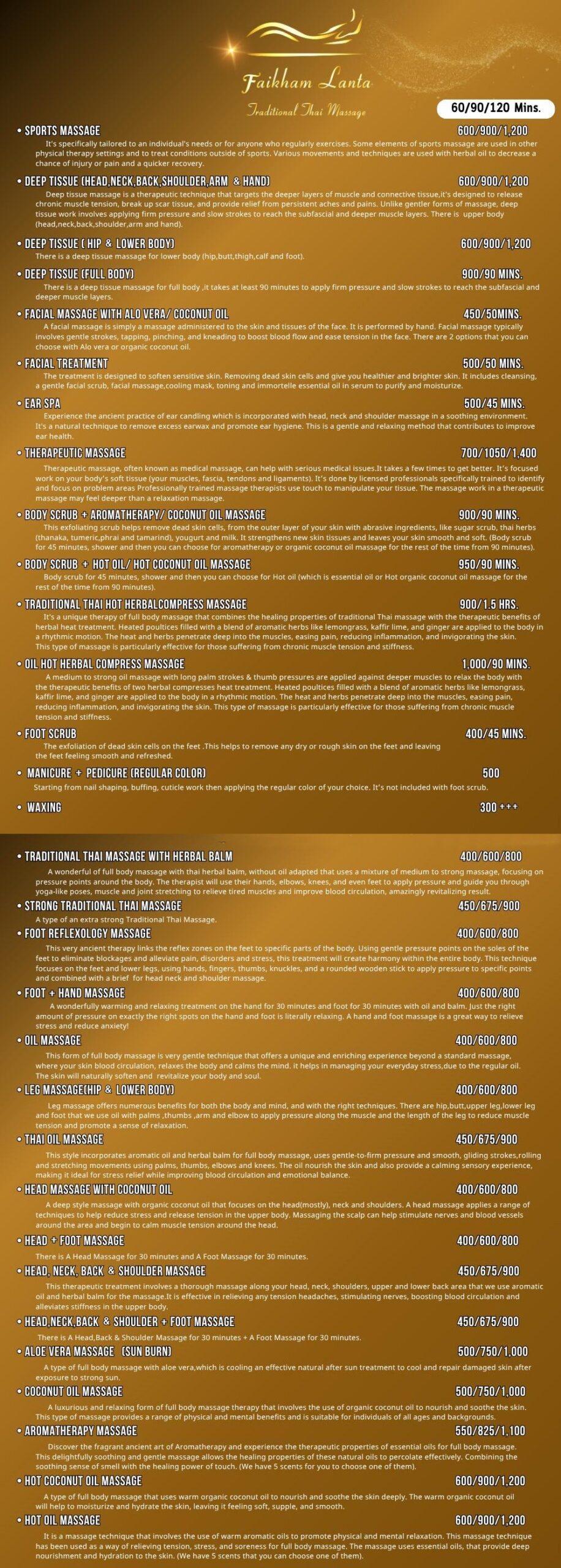 Faikham Lanta Massage List & Prices